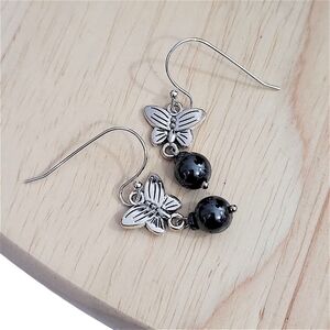 Hand Crafted Hematite  Butterfly Earrings Dangle Hypoallergenic